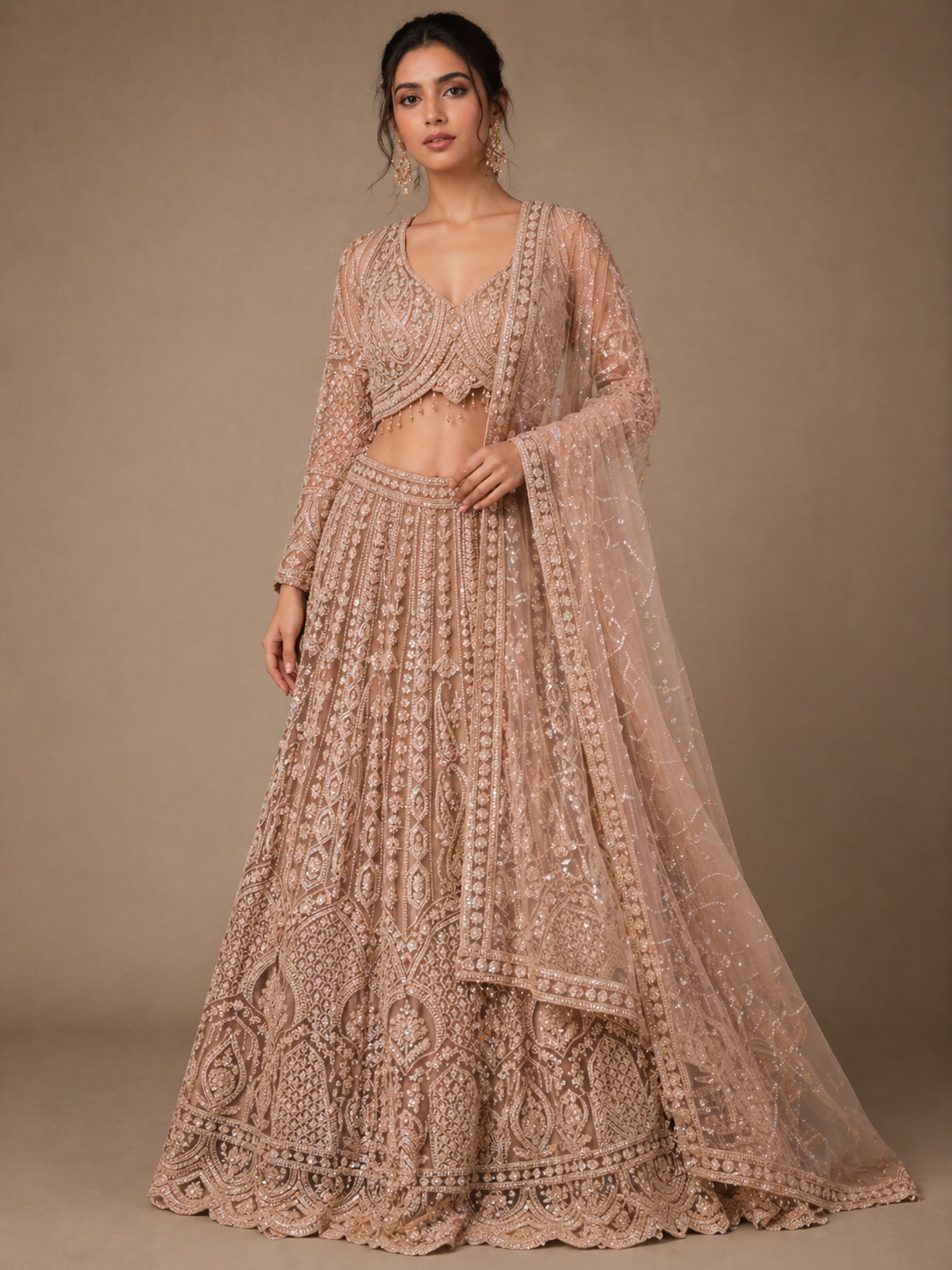 Nude Gold Embroidered Bridal Lehenga Set with Sheer Net Dupatta